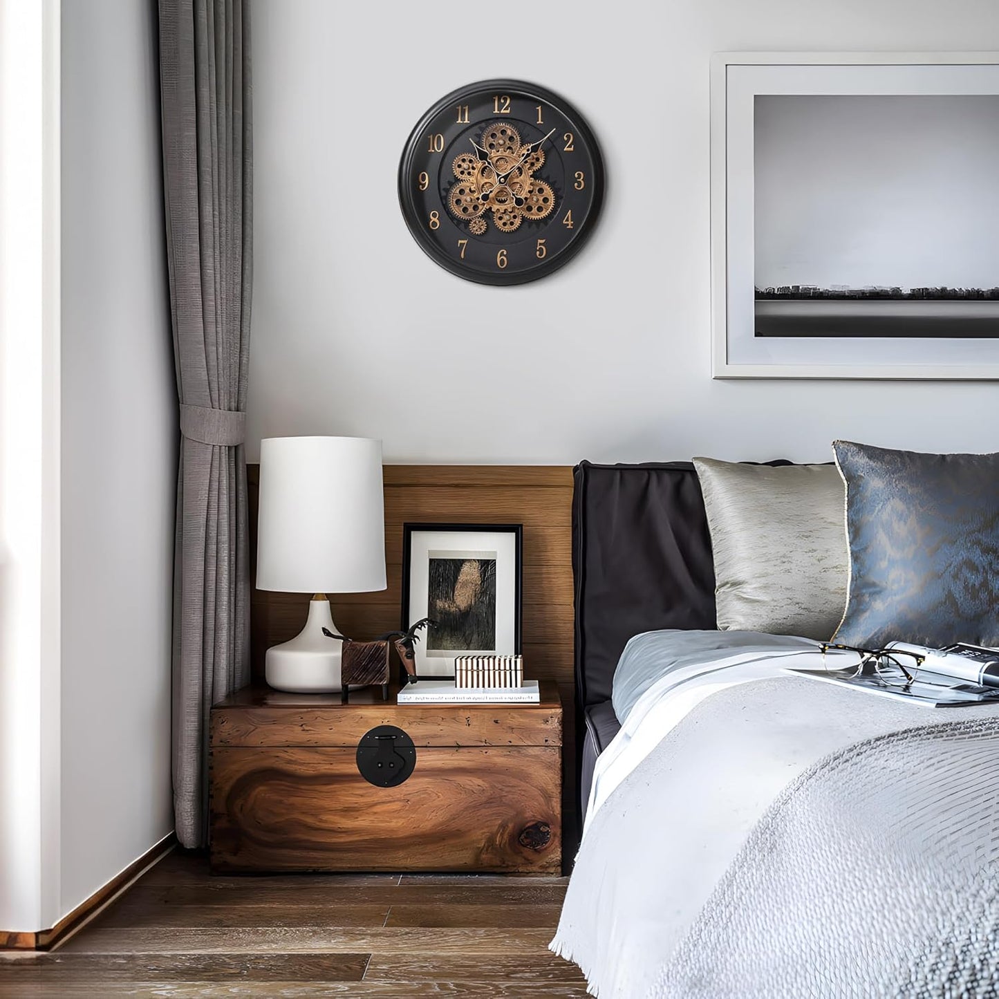 Maxstar Large Moving Gear Wall Clock,16" Vintage Mechanical Battery Operated Industrial Wall Clocks for Farmhouse Living Room,Home Office, Dinning Room, Kitchen, Steampunk Decor-Black,Arab Numeral