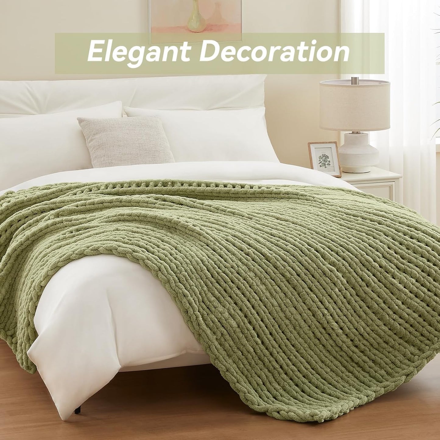 Chunky Knit Throw Blanket, 60''*80'' Knitted Throw Chenille Yarn for Bed Couch, Handmade Light Green Crochet Big Thick Blanket, Machine Washable Cute Comfy Blanket for Home Decor