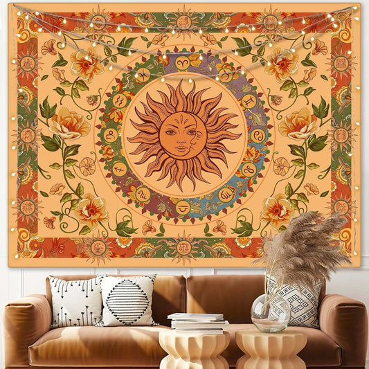 Aipon Yellow Sun and Moon Tapestry Hippie Indie Tapestries Boho Orange Flower Floral Tapestry Wall Hanging Cool Vintage Aesthetic Wall Tapestry for Bedroom Living Room Dorm (48'' × 36'', Orange)