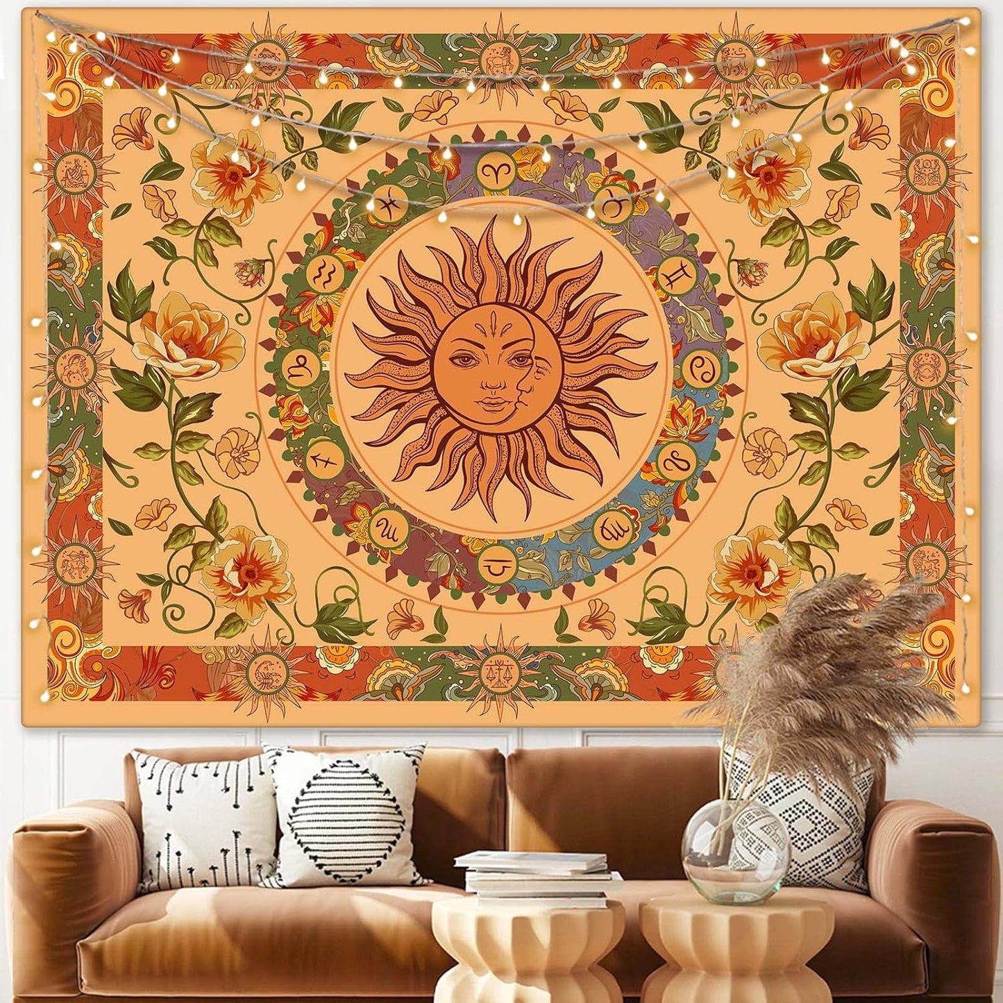 Aipon Vintage Sun Tapestry for Classroom Rainbow Boho 70s Sunshine Sunset Tapestries Wall Hanging Aesthetic Retro Tapestrys for Living Room Dorm (60'' × 50'', Orange)