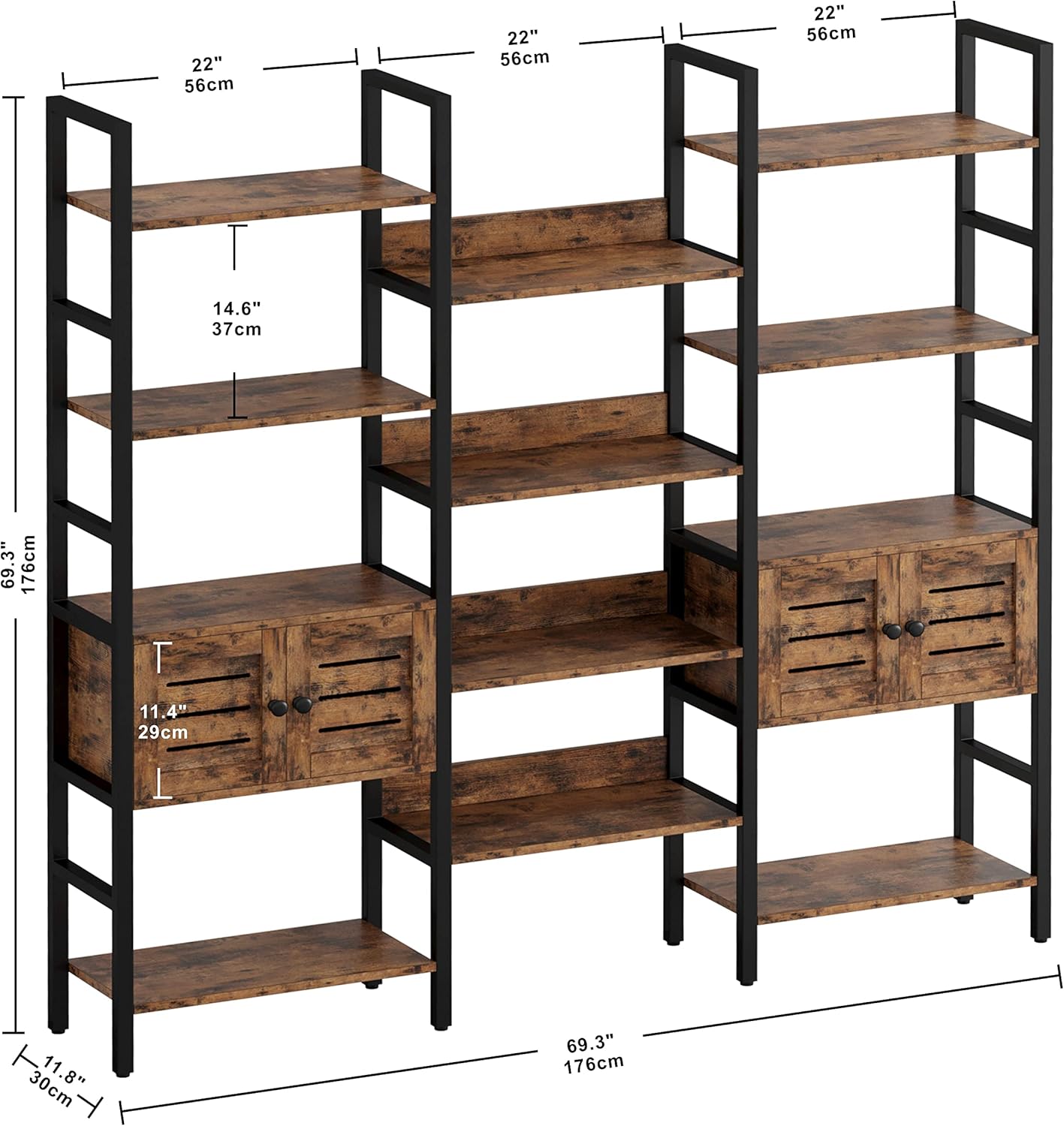IRONCK Industrial Bookshelf and Bookcase with 2 Louvered Doors 5 Tiers Triple Wide Display Shelf with Storage Cabinet for Living Room Home Office