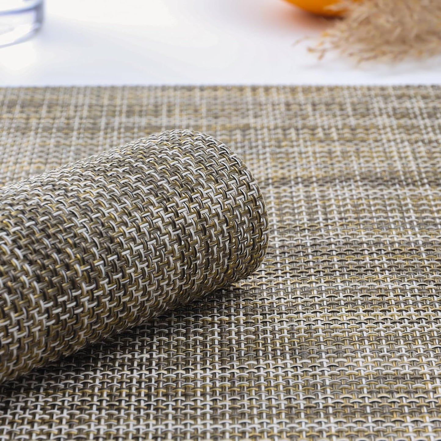 Myir JUN Placemats Set of 8, Vinyl Woven Placemats Place Mats Indoor Set of 8 Washable Table Mats Non-Slip Place mats for Dining Table (Caramel, Set of 8)