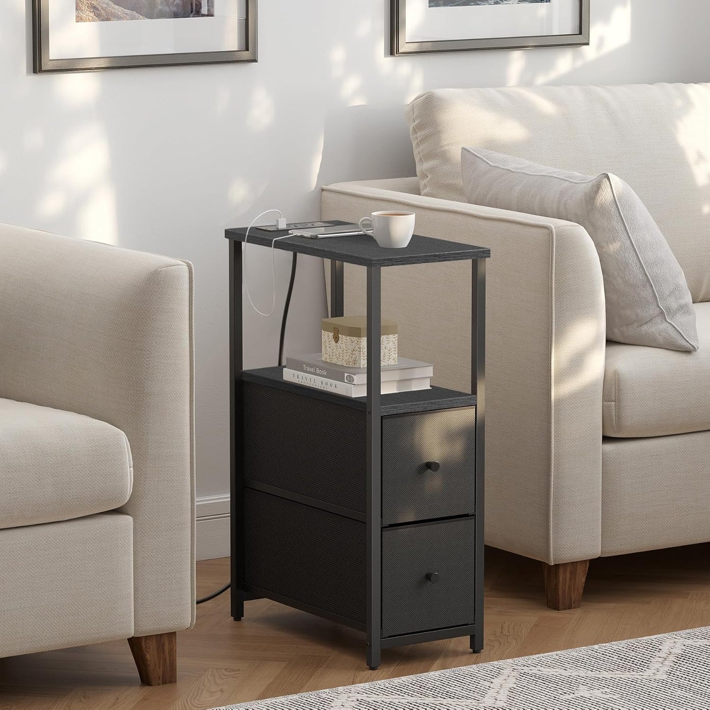 TUTOTAK Small Narrow End Table with Charging Station, Side Table with Outlets, Nightstand with 2 Cloth Drawers, Couch Table, for Living Room, Bedroom, Bedside, Black TB01BK085