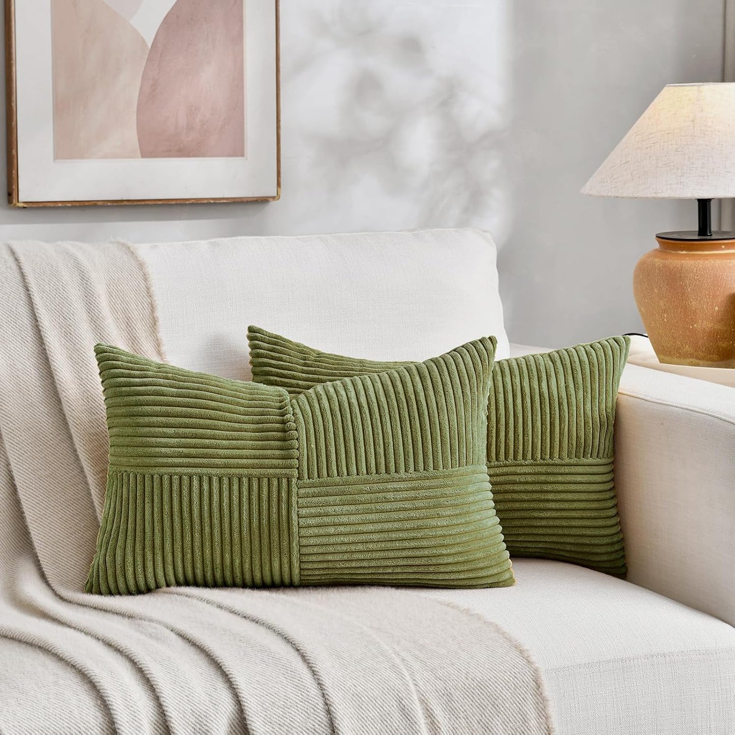 Fancy Homi 2 Packs Moss Green Lumbar Decorative Throw Pillow Covers 14x24 Inch for Couch Bed, Rustic Farmhouse Boho Home Decor, Soft Striped Corduroy Rectangle Accent Cushion Case 35x60 cm