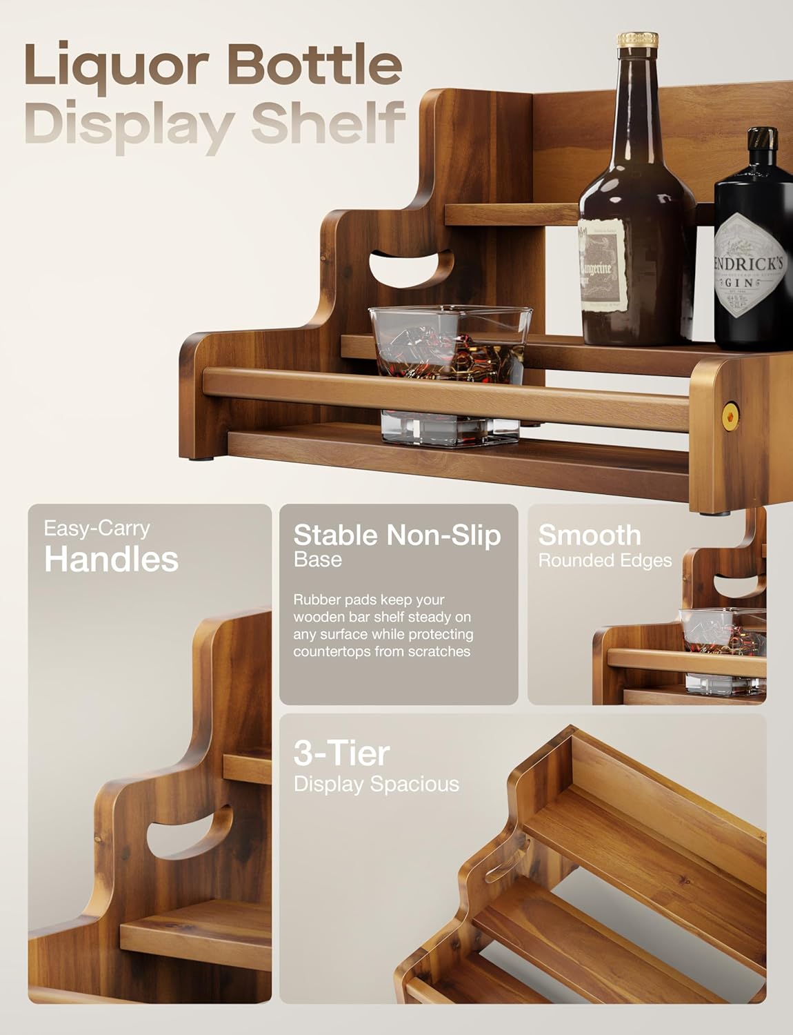 Tinamo Acacia Wood Liquor Bottle Display Shelf – 3-Tier Countertop Wine Rack, Bar Shelf – Whiskey Bar Stand for Home, Bottle Organizer for Countertop, Man Cave Decor – Wine Holder with Handles