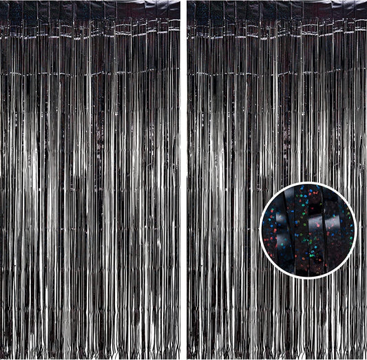 BRAVESHINE Black Halloweens Party Foil Fringe Curtains - 2 Pack Metallic Tinsel Photo Booth Streamers Backdrop for Birthdays, Stranger Theme, Music, Prom, Christmas Party Decorations