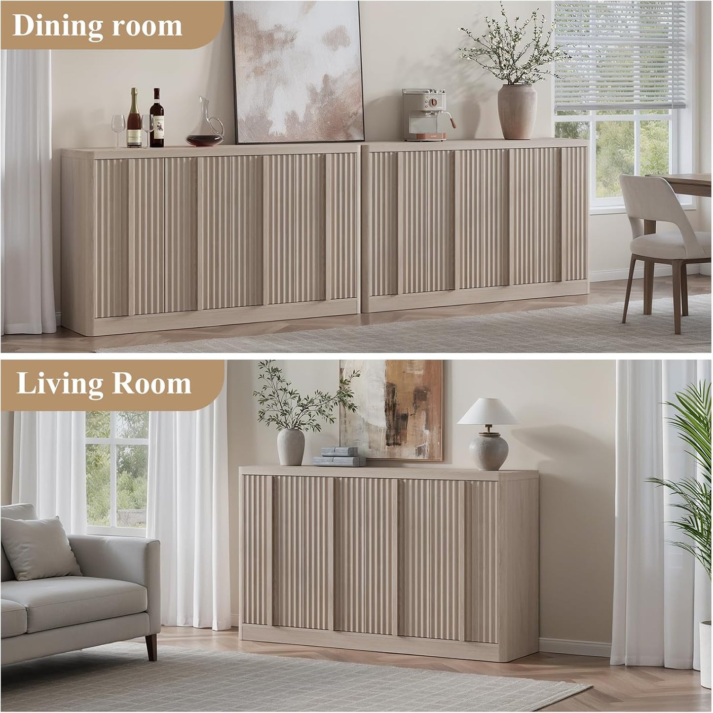 Fluted Buffet Cabinet with Storage, 120" Sideboard Buffet Storage Cabinet with 8 Doors & Solid Wood Handle, Coffee Bar Wood Credenza Cabinet for Kitchen, Dining Room, Living Room, Natural Oak(2PCS)