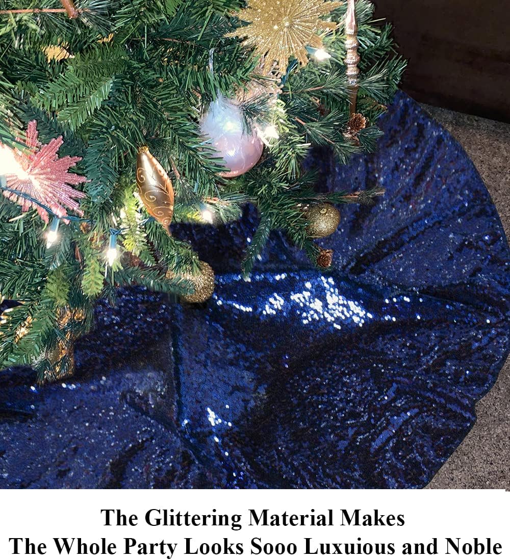 Partisout 24-inch Navy Blue Sequin Tree Skirt Christmas Skirt Tree Navy Blue 24in Xmas Tree Skirt Rustic Tree Skirt Sparkle Christmas Tree Skirt for Party Wedding Plam Decorations-191024