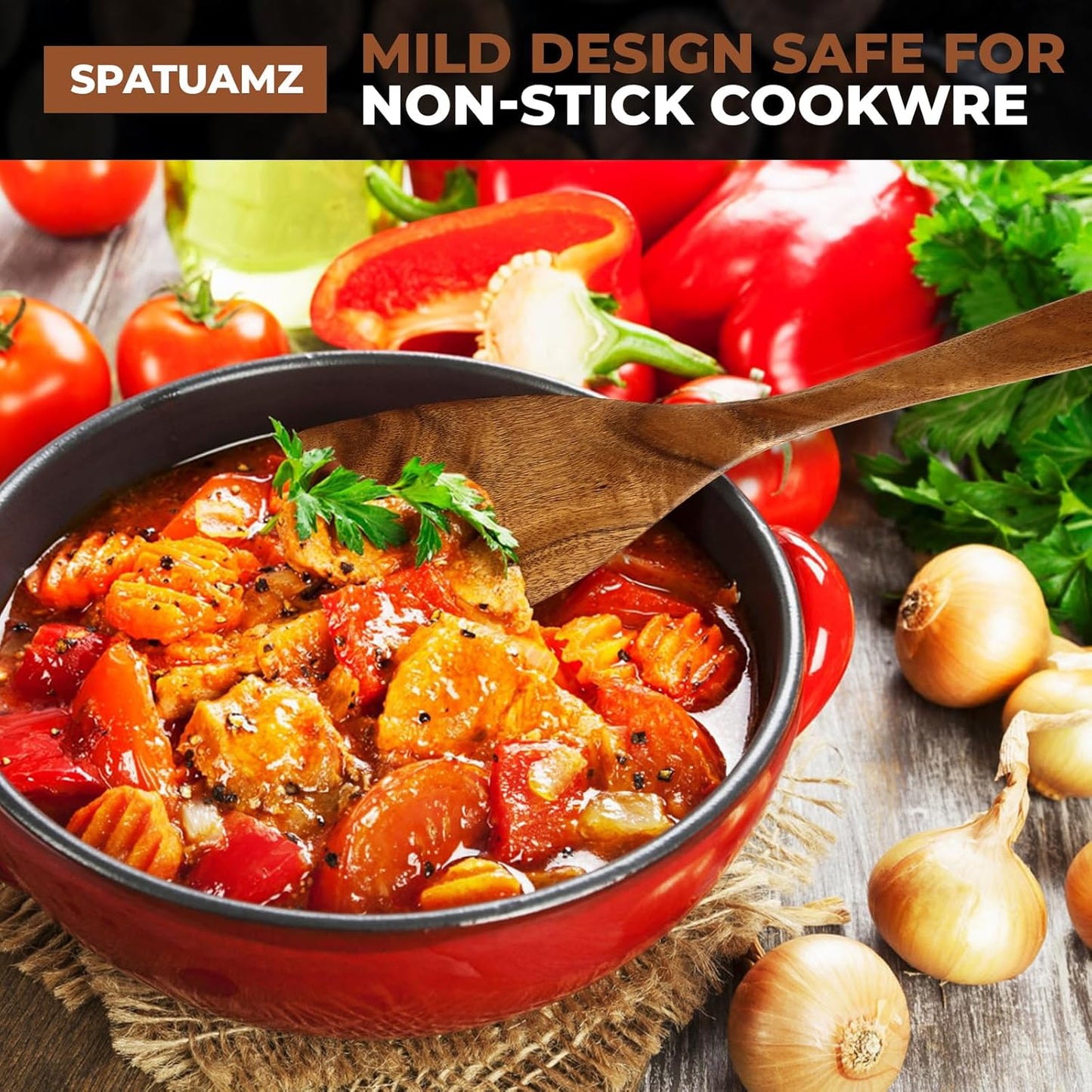 SPATUAMZ Wooden Cooking Spoons, Ladle and Spatula, Fine Polished Teak Wood Cooking Utensils Set of 6, Nonstick Wooden Kitchen Spoon & Spatula Set