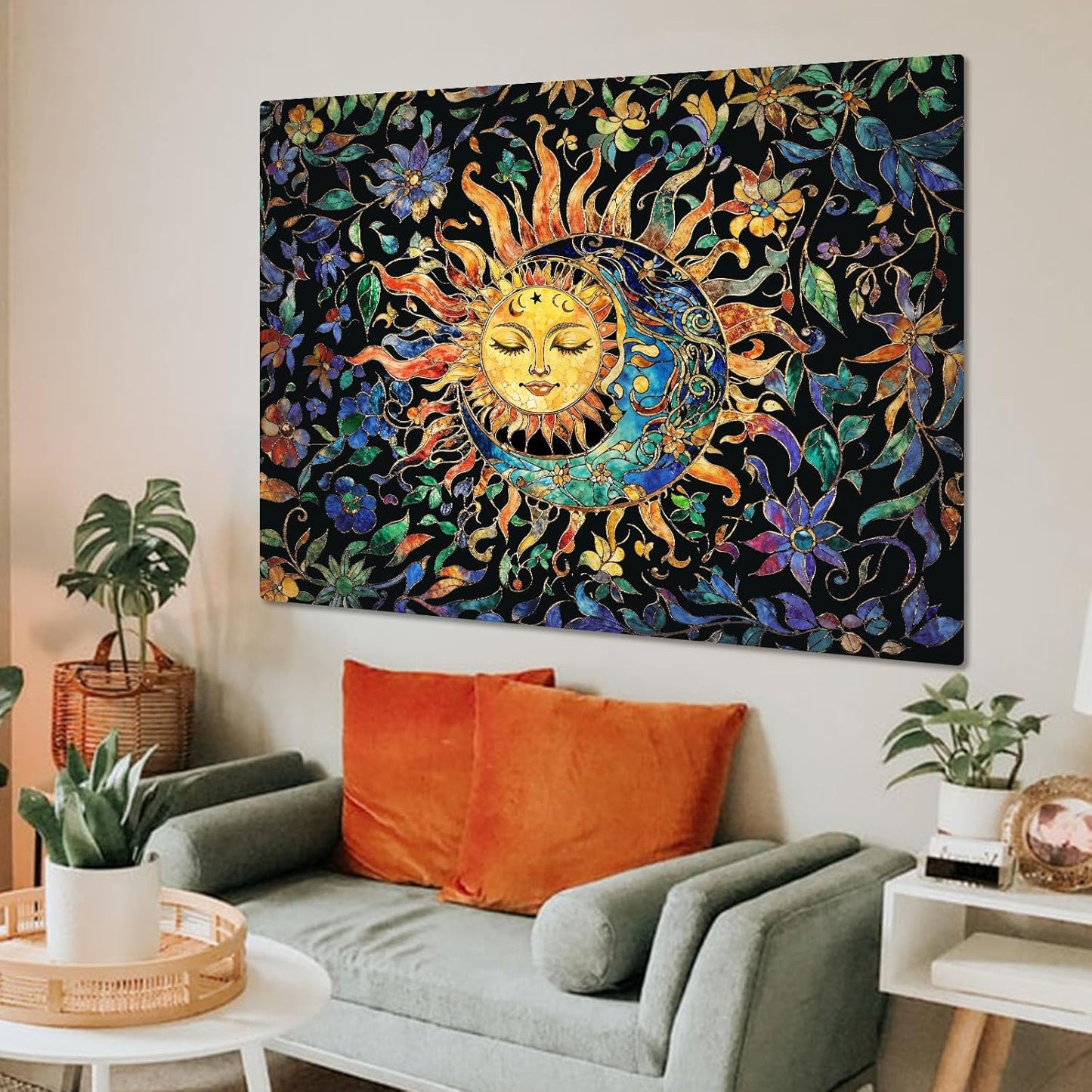 Aipon Sun and Moon Tapestry for Bedroom Boho Hippie Floral Wall Tapestry Aesthetic Vintage Stained Glass Plant Small Tapestries Wall Hanging for Living Room Dorm 60 x 44 Inch