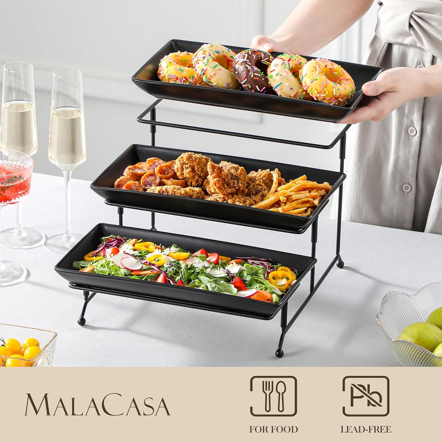 MALACASA 3 Tier Serving Trays for Party, Stoneware Serving Platters and Trays, 12 Inch Tiered Tray Stand, Fruit Tray, Trays for Serving Food, Black Dessert Stand with Collapsible Sturdier Metal Rack