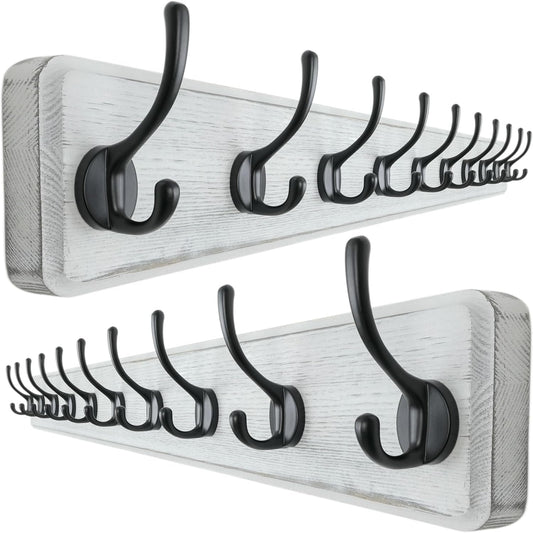 Dseap Wall Mounted Coat Rack: 38-1/4" Long, Patented, Heavy-Duty, 10-Double-Hooks Wooden Hanger Rail for Winter Coats, Hat, Jacket, Clothing - White & Black, Pack of 2