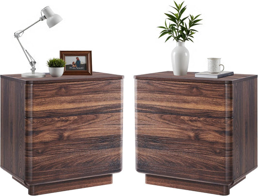 JXQTLINGMU 22" Modern Nightstand Set of 2 with Charging Station, Large Push-to-Open End Table, Wood Bedside Table, Curved Profile, Handleless 3 Drawer Night Stand for Bedroom, Living Room, Brown