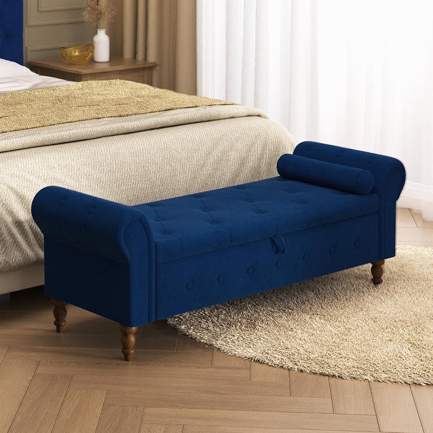Storage Ottoman Bench for Bedroom, 63" End of Bed Bench with Rolled Arms Upholstered Ottoman Bench Fit for Bedroom, Living Room, Entryway, Velvet Navy Blue