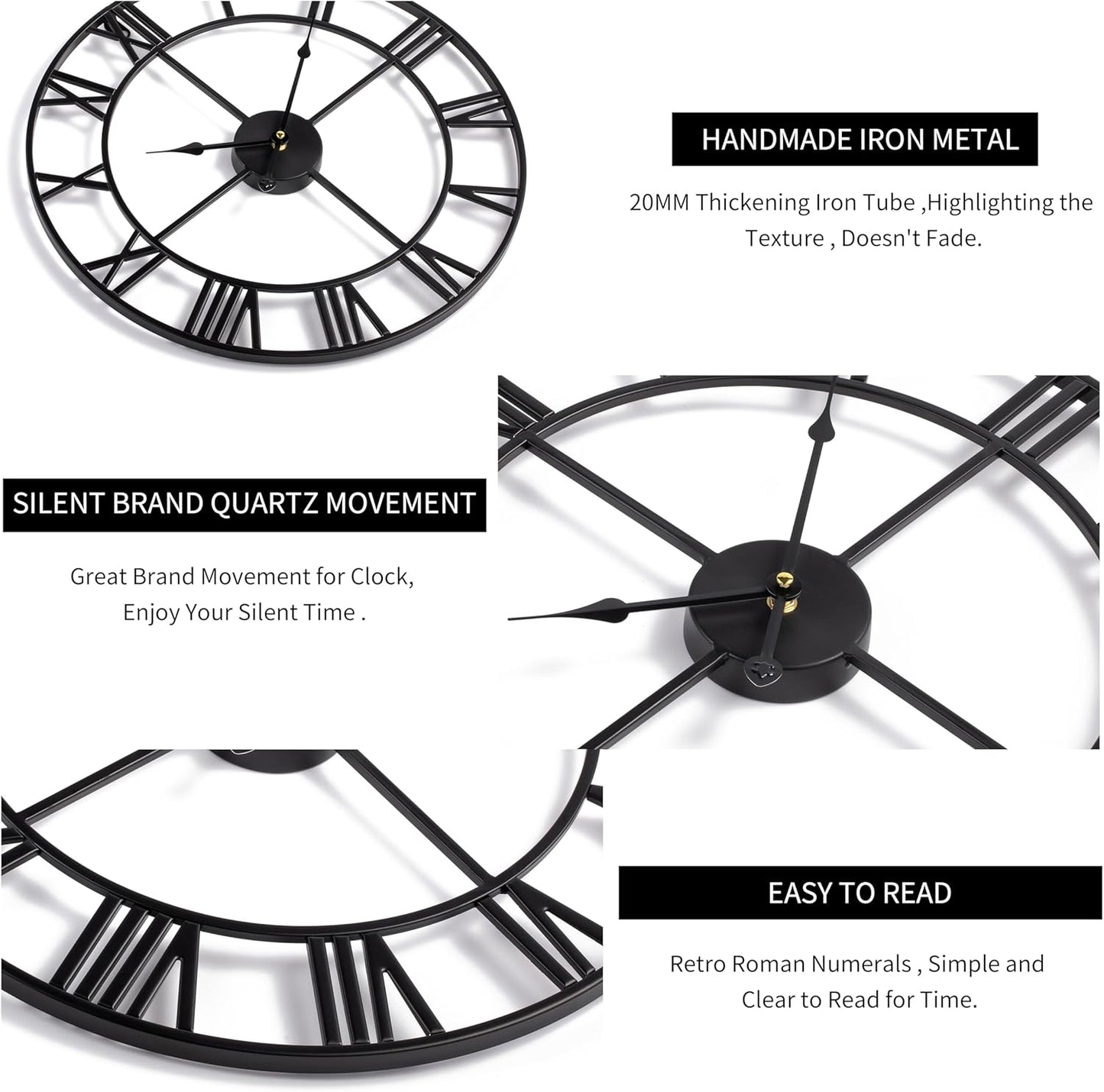 LEIKE 16" Large Wall Clocks Battery Operated, Round Modern Silent Non-Ticking Black Metal Wall Clock for Living Room Decor, Bedroom Kitchen (40cm Diameter, Black Roman Number)