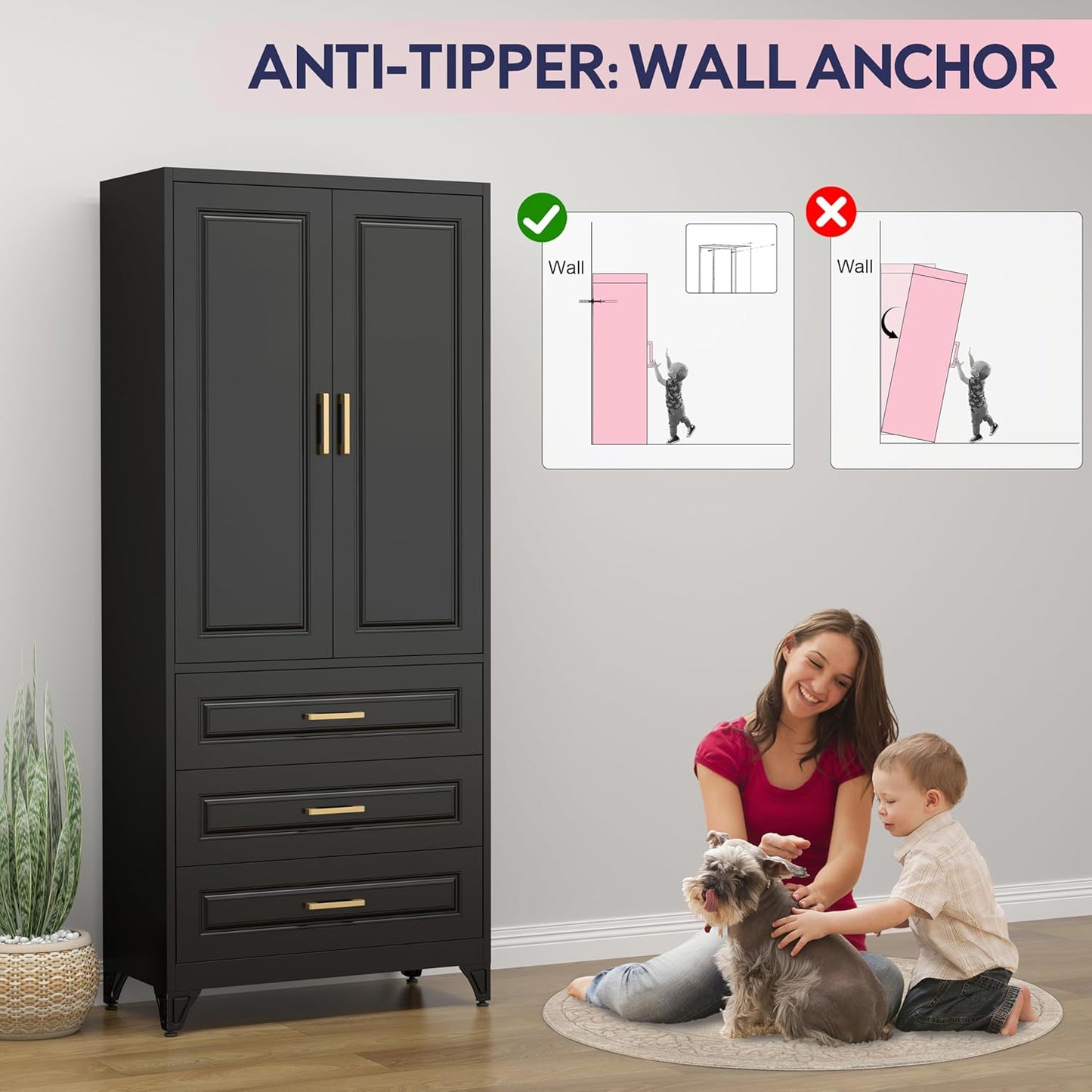 Pantry Kitchen Cabinet with Drawer, 75" Tall Pantry Storage Cabinet, Metal Storage Cabinets with Doors and Shelves, Large Freestanding Cupboard for Dining Room, Assembly Required, Black