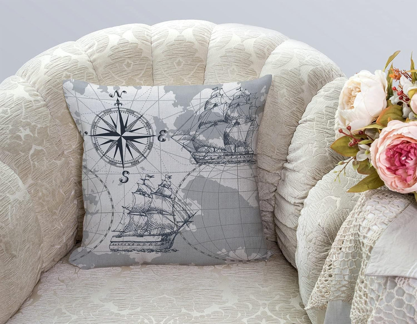 TSSOHU Nautical Sailboat Map Throw Pillow Cover Ship Anchor Cotton Linen Decorative Pillow Case Cushion Cover Home Sofa Decor 18x18 Inch Pillow Cover