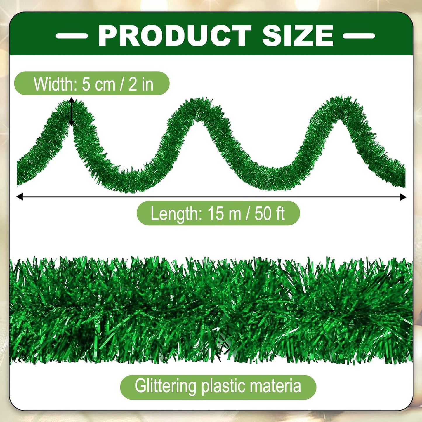 50 Feet Metallic Twist Tinsel Garland Backdrop for Parade Floats, Christmas Eve, New Year, Valentine's Day Party Decorations (Green, 2in x 50ft)