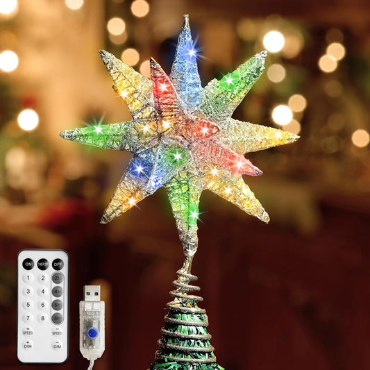 Christmas Star Tree Topper, 3D Geometric Star Decorative Treetop with Colorful 50 LED Light Beads for Home Holiday Xmas Tradition, Timer Function, Silver