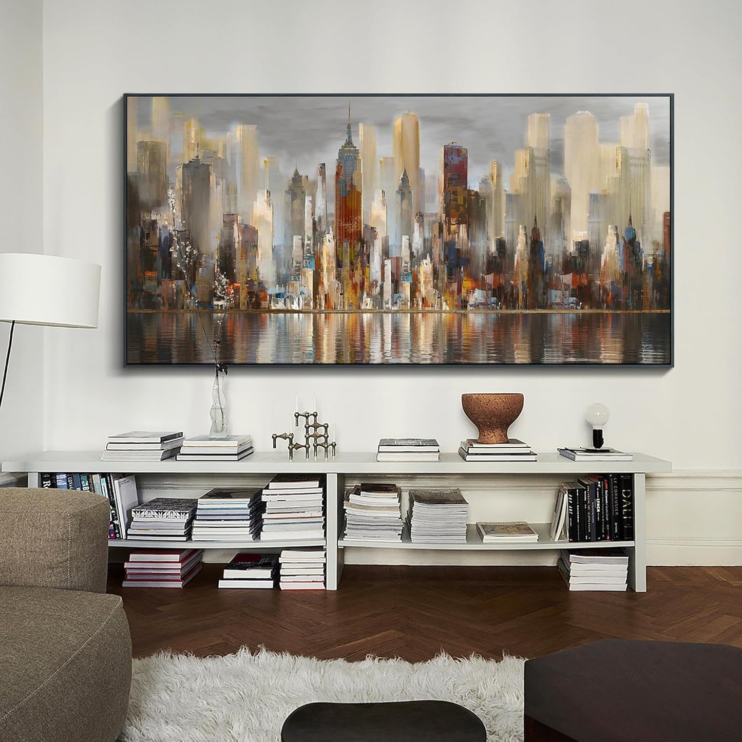 Mofutinpo Large Black Framed Cityscape New York abstract wall art Brown City Theme Paintings Modern Canvas office wall decor living room modern artwork Size 30x60
