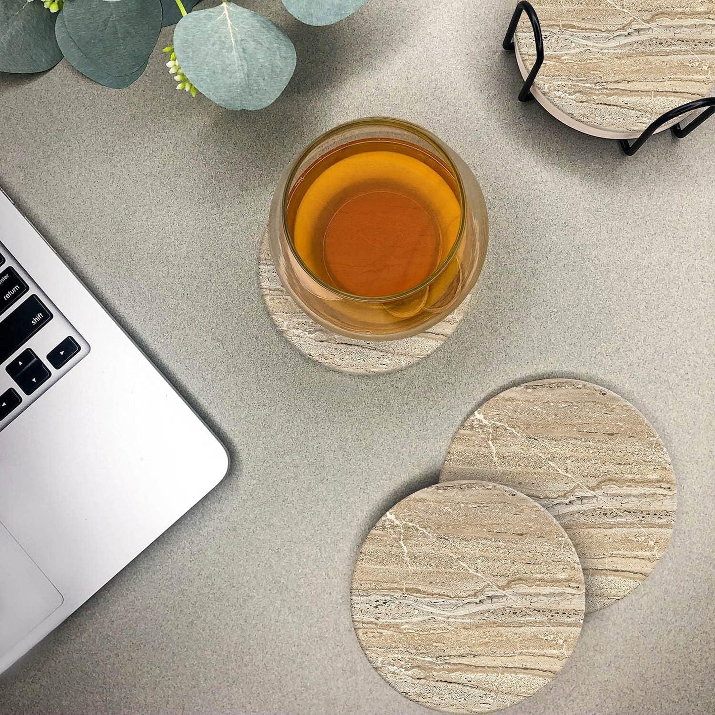 Emerson Coasters for Drinks Absorbent – Natural Stone Drink Coasters Set with Holder, Coasters for Coffee Table, Wooden Tabletop Protection Marble Style – 100% Heavy Duty Set of 6 (Sandstone)