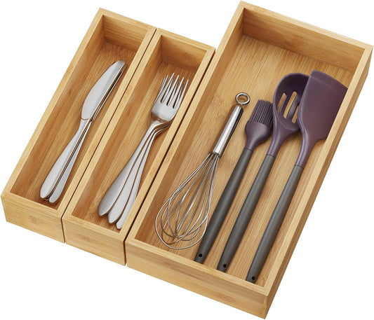BAMEOS 3-Piece Bamboo Drawer Organizer, Utensil Organizer for Drawer, Junk Drawer Organizer for Kitchen Bathroom, Dressing Room, Office, Pantry (Natural)