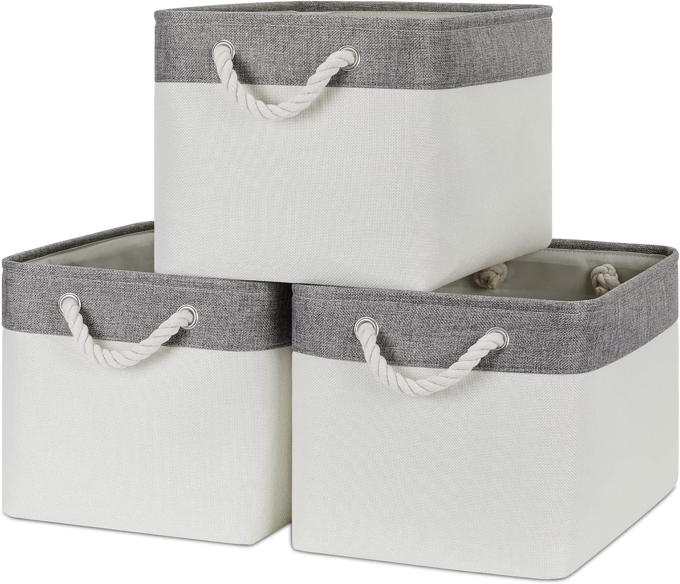 Bidtakay White Baskets with Cotton Rope Handles Decorative Storage Bins [3-pack] Fabric Bins for Organization Linen Closet Shelf Storage Baskets for Clothes Toys Towels 15 X 11 X 9.5 Inches