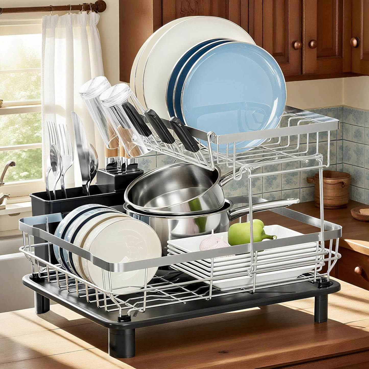 MOUKABAL Dish Drying Rack - 2 Tier Stainless Steel Dish Rack, Dish Racks for Kitchen Counter, Drying Rack Kitchen with Removable Utensil Holder and Drainboard (Black)