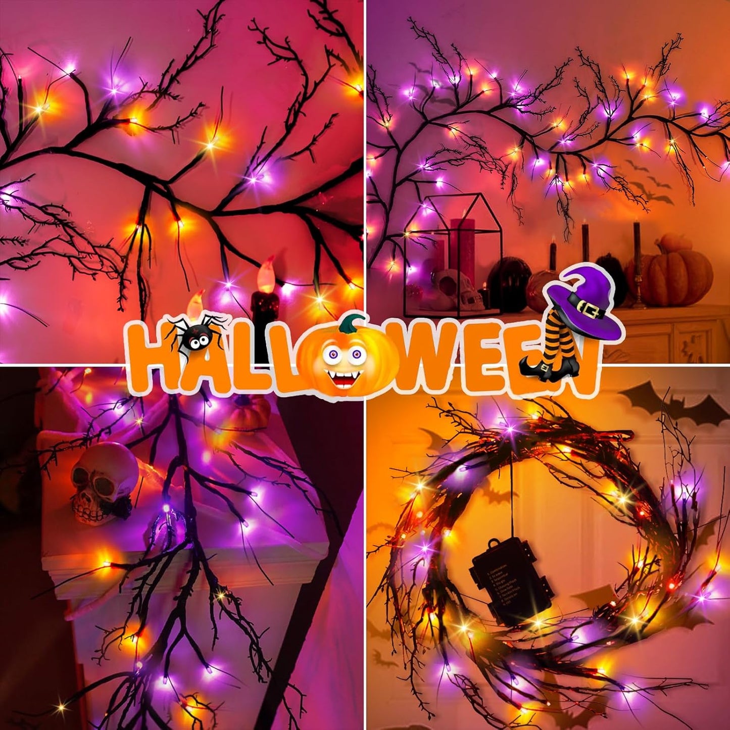 [8 Modes & Timer] Halloween Decorations Willow Vine Twig Garland, 6 FT 54LED Willow Vine Twig Lights Orange Purple LED Lights for Indoor Wall Fireplace Halloween Decorations