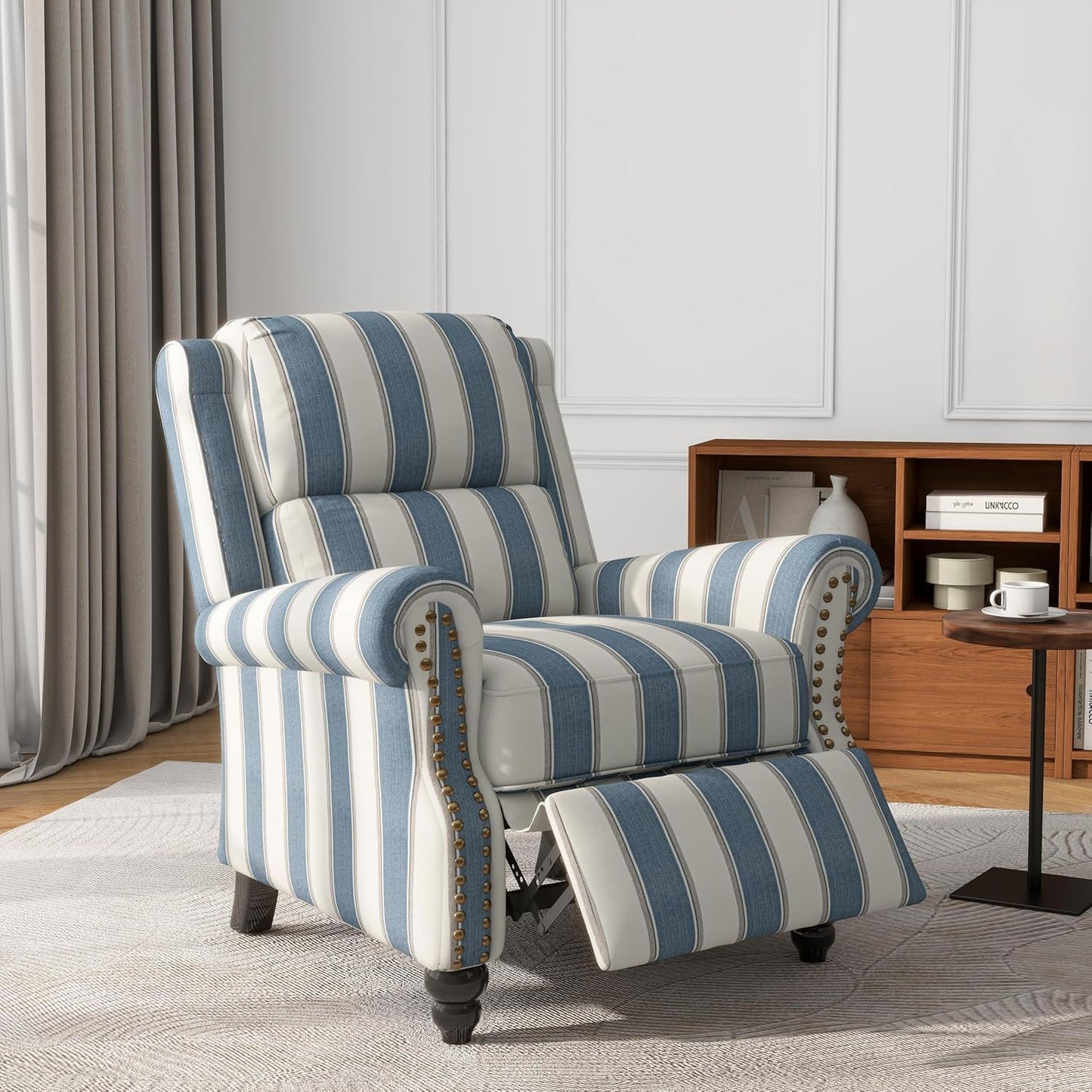 UIXE Pushback Recliner Chair Push Back Accent Chair, Fabric Overstuffed Armchair for Living Room, Rivet Trim Club Chair Home Theater Single Sofa Bedroom Reading Seat - Stripe Navy