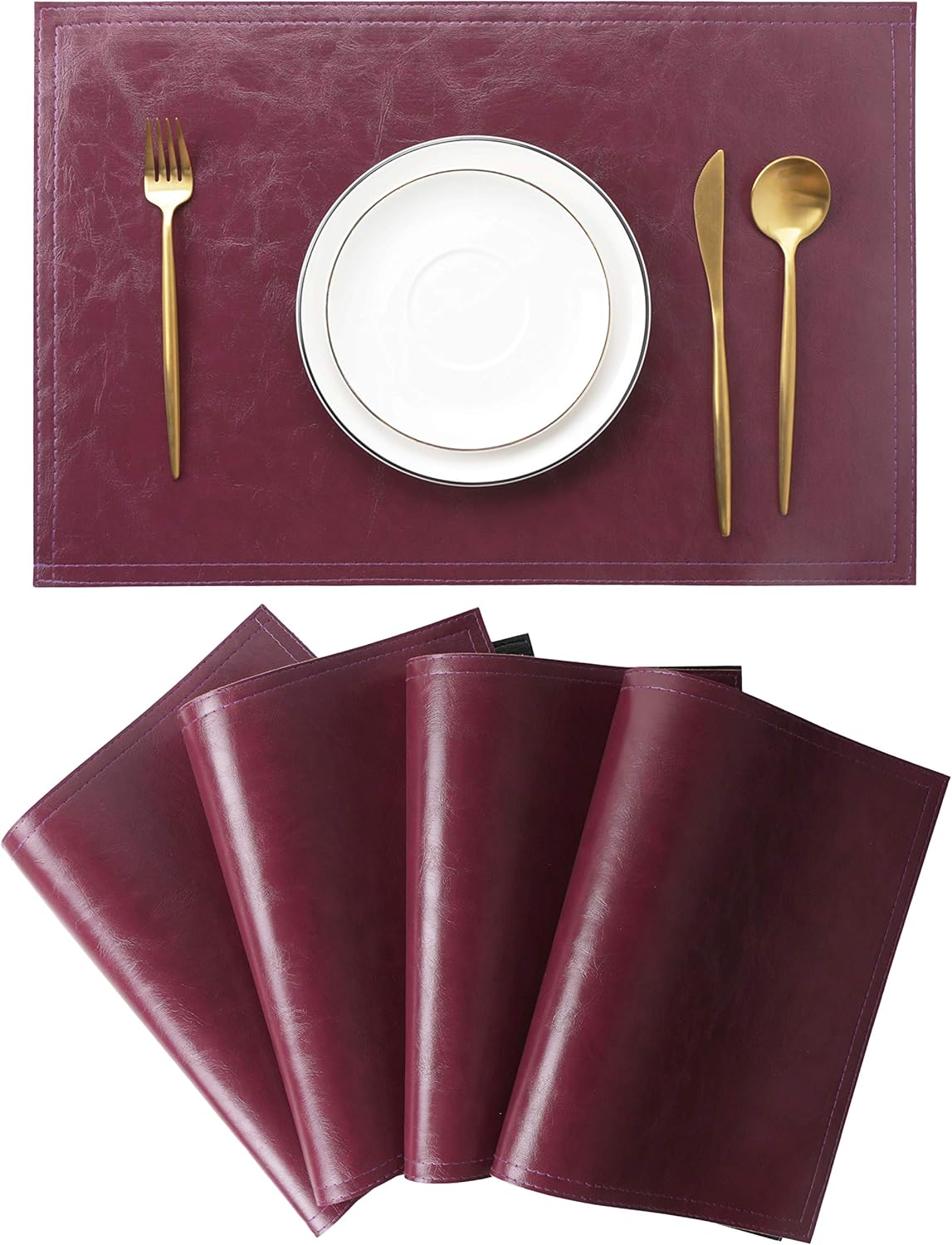 Waterproof PU Placemats, Faux Leather Dining Table Mat, Set of 4, Easy to Wipe Off Scrub Vinyl Mat, Heat & Stain Resistant for Office Conference Table, Home Decor G Bordeaux