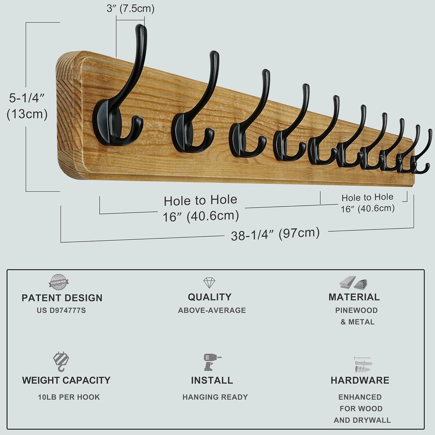Dseap Coat Rack Wall: 38-1/4" Long, Patented, Heavy-Duty, 10-Double-Hooks Wooden Wall Mounted Coat Rack Coat Hanger Hook Rail for Winter Coats Hat Jacket Clothing, Weathered Brown, Pack of 2