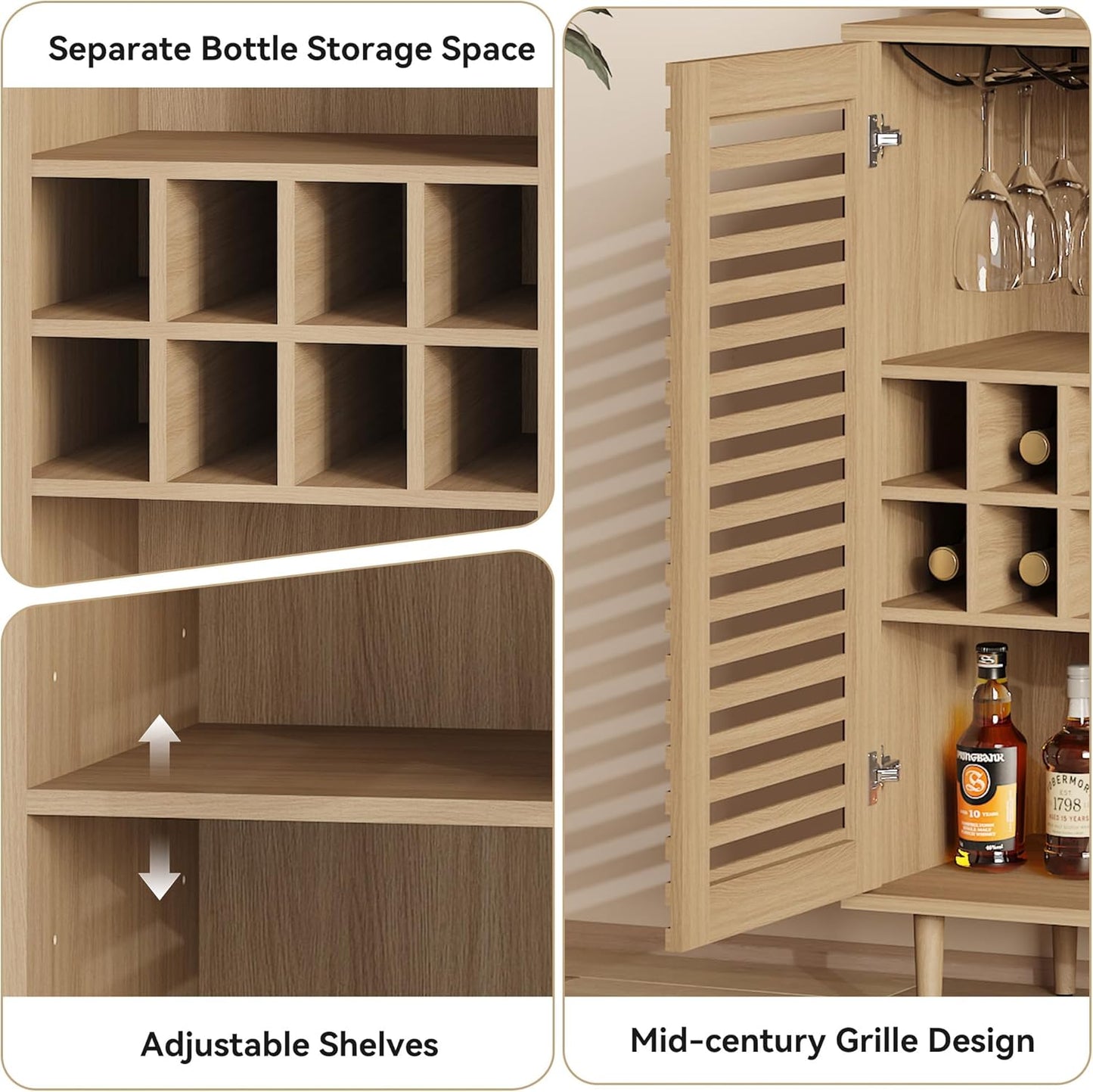 Mid Century Bar Cabinet with Wine Racks, Modern Liquor Cabinet with Slatted Doors for Dining Room, Living Room (Natural Color)
