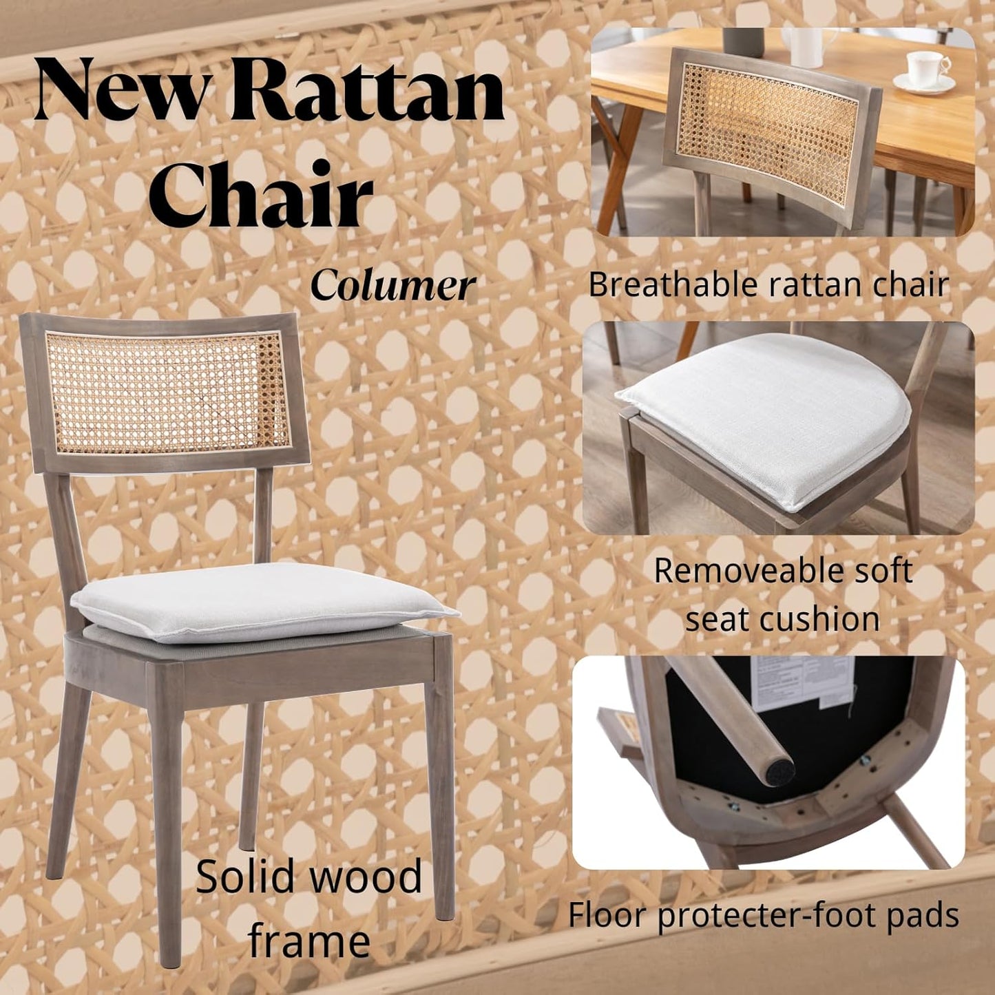 Rattan Dining Chairs Set Of 2 , Mid Century Modern Upholstered Cane Back Chairs with Removable Linen Cushion , Retro Farmhouse Natural Wooden Kitchen & Dining Room Chairs for Restaurant Living Room