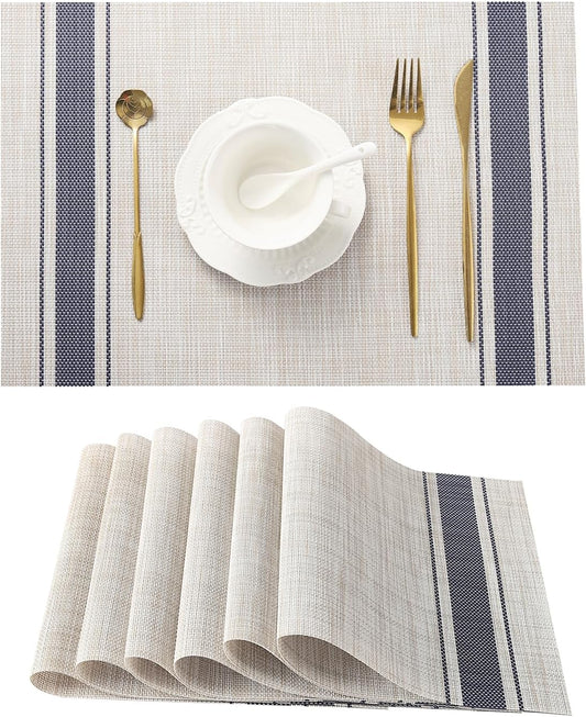 Leetaltree Khaki-Blue Placemats, Heat Resistant Non-Slip Place mats for Dining Table, Washable Durable PVC Vinyl Woven Table Mats (Set of 6)