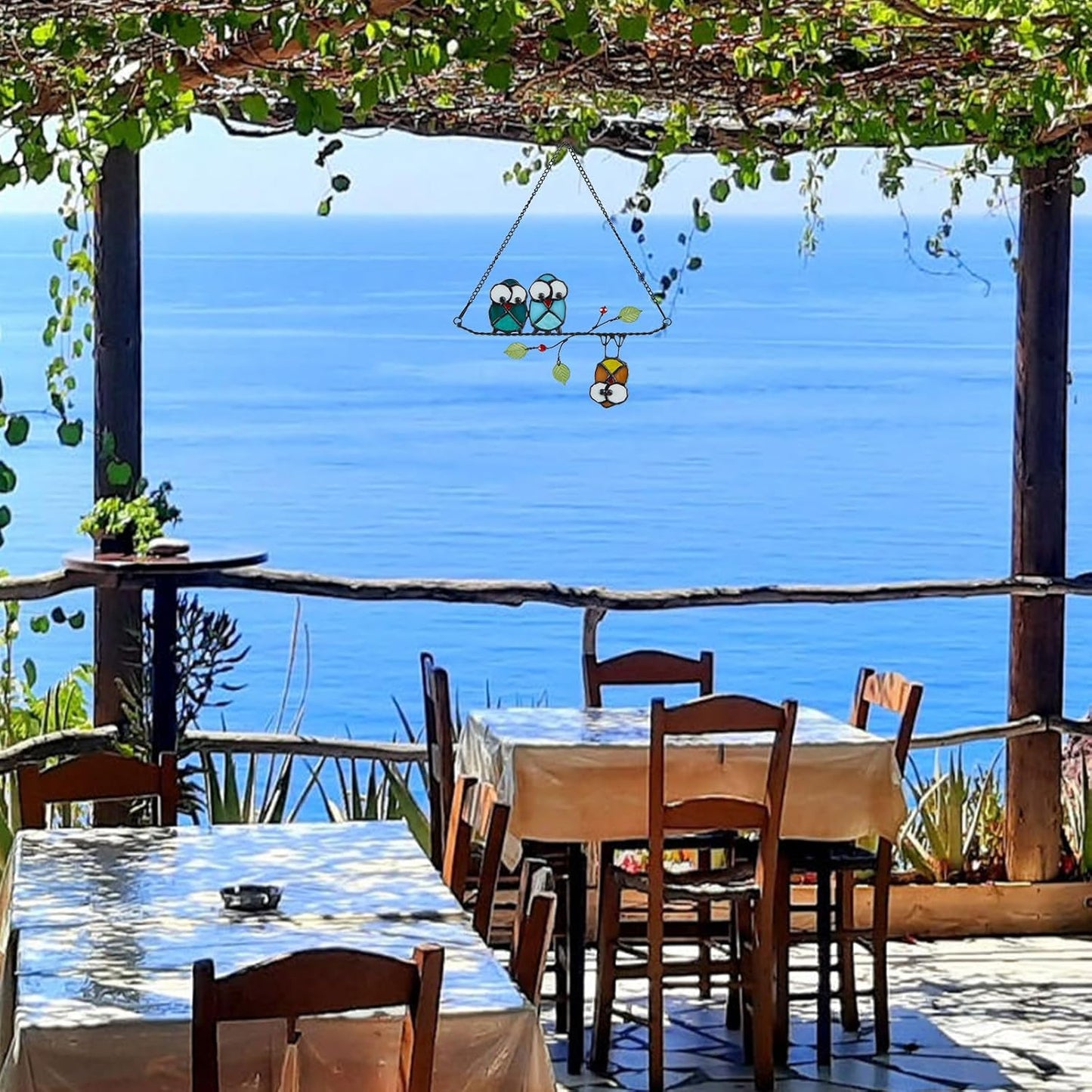 Stained Glass Birds,owl,Stained Glass Window Hanging,Multicolor Owls on The Living Tree with Green Leaf and red Berries,Bird suncatcher for Windows Room Home,Bird Deco,Gift for Mom,and Bird Lovers.