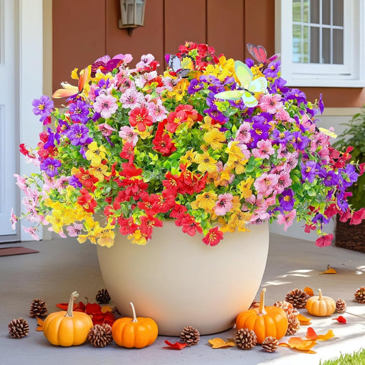 ‌20 Bundles Artificial Flowers for Outdoors‌ with 6 Faux Butterflies, UV Resistant ‌Fake Flowers‌ with Eucalyptus Leaves, ‌Artificial Plants Outdoor‌ for Patio Garden Porch Home Decor (Mix 4 Colors)