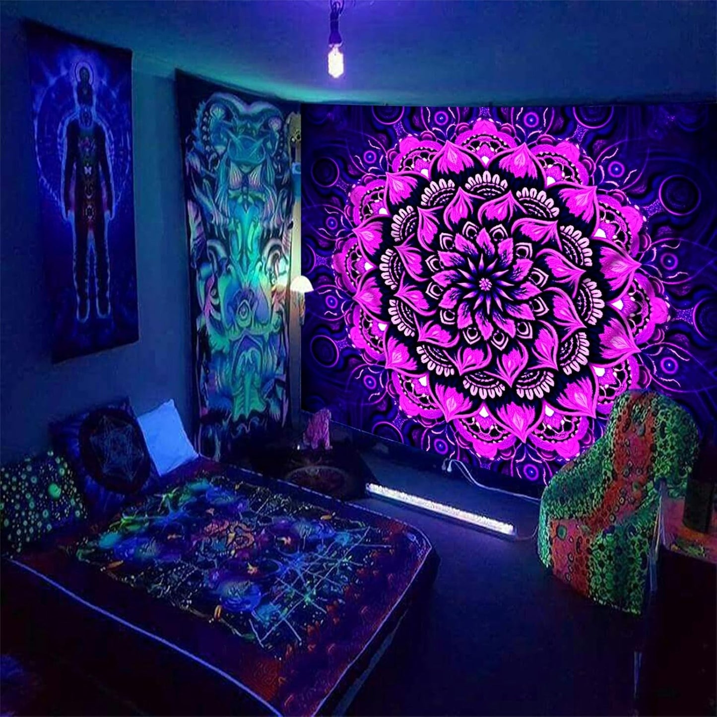 Psyhilar Blacklight Mandala Tapestry Wall Hanging, Psychedelic Flower Black Light Posters for Adults and Teens, UV Reactive Aesthetic Bohemian Art for Bedroom (80 x 60 Inches)