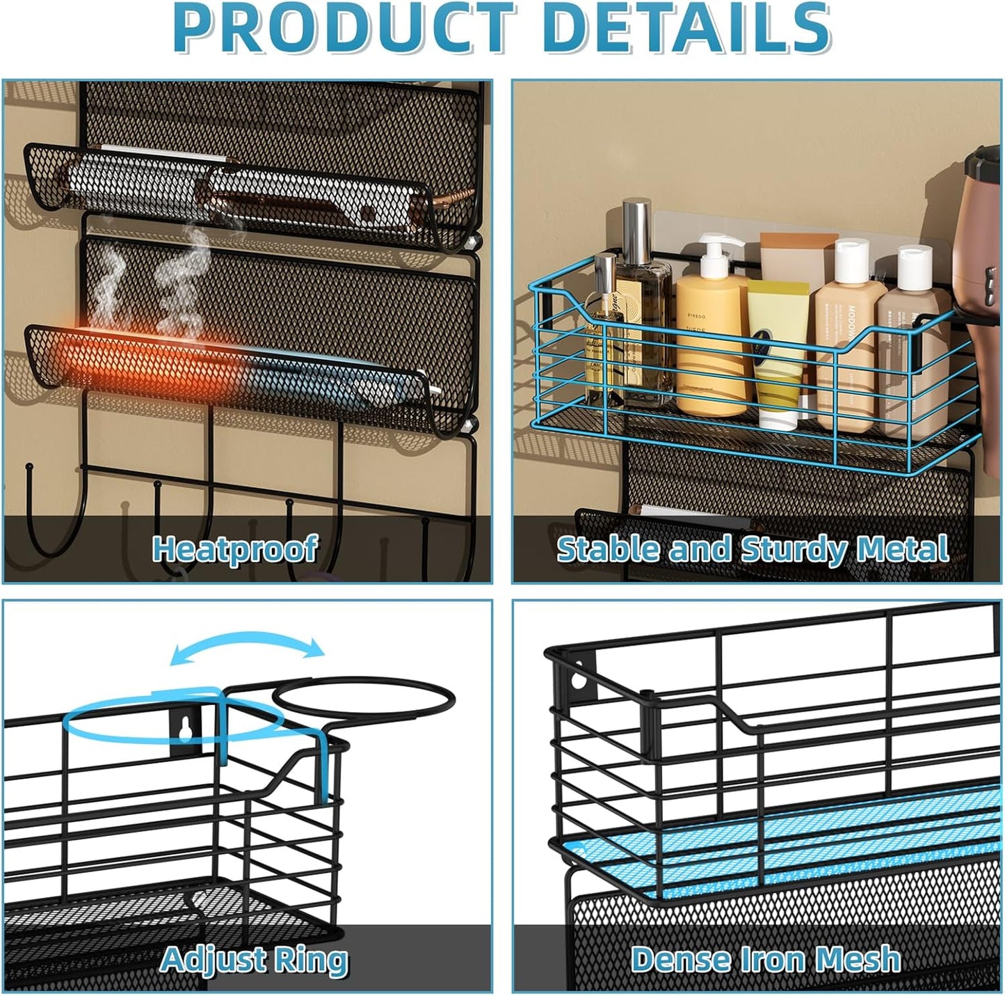 VITVITI Metal Hair Tool Organizer Wall Mount, Hair Dryer Holder with 3 Tier Shelf Basket Hooks, Bathroom Hair Styling Tool Organizer for Curling Iron/Blow Dryer/Straightener, Matte Black