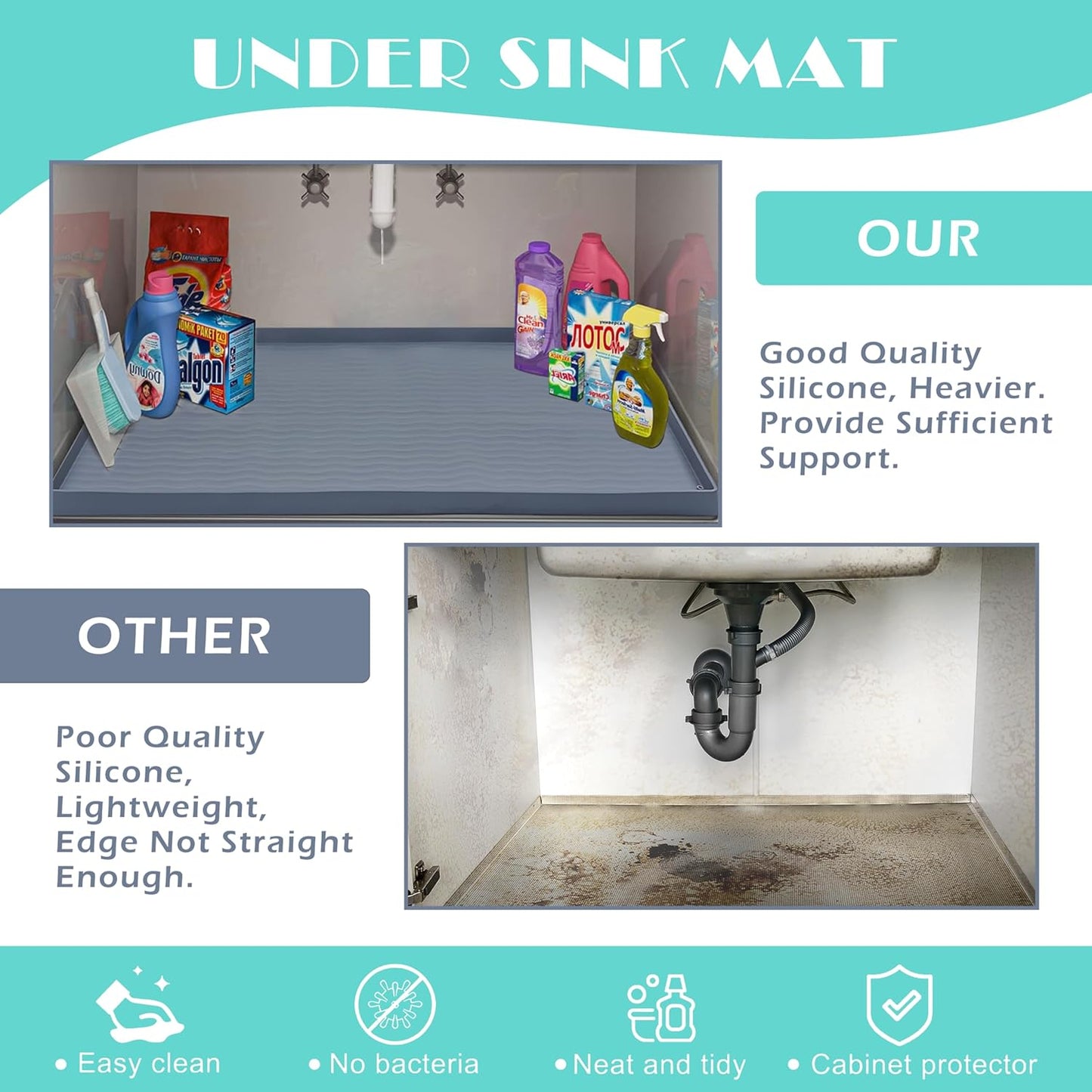 URMONA Waterproof Silicone Under Sink Mat 19'' x 19'' Shelf Liner for Kitchen and Bathroom, Cabinet and Counter Protector, Storage and Organizers, Litter Mat, Pet Cat Puppy Essentials(Cream)