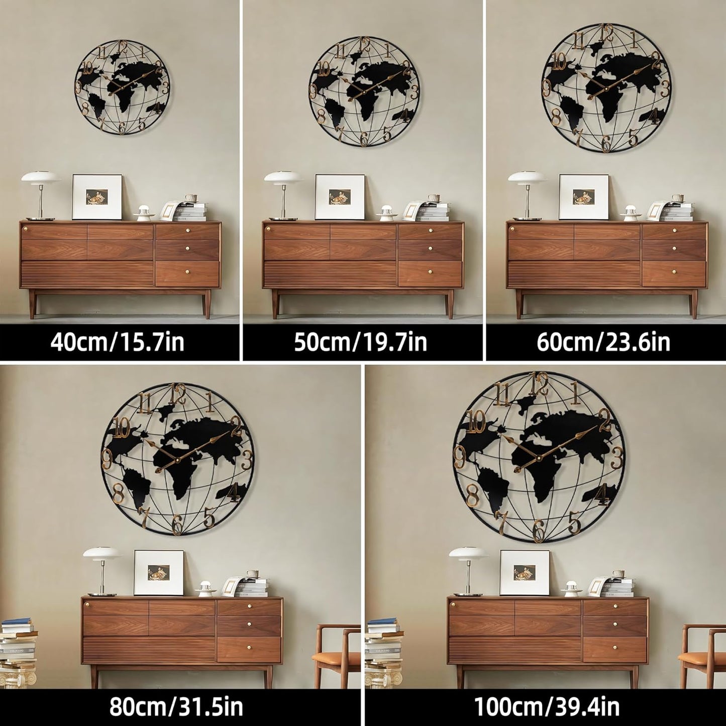 Extra Large World Map Wall Clock - 40 Inch Minimalist Modern Round Metal Silent Non-Ticking Battery Operated for Living Room Office Farmhouse Home Decor