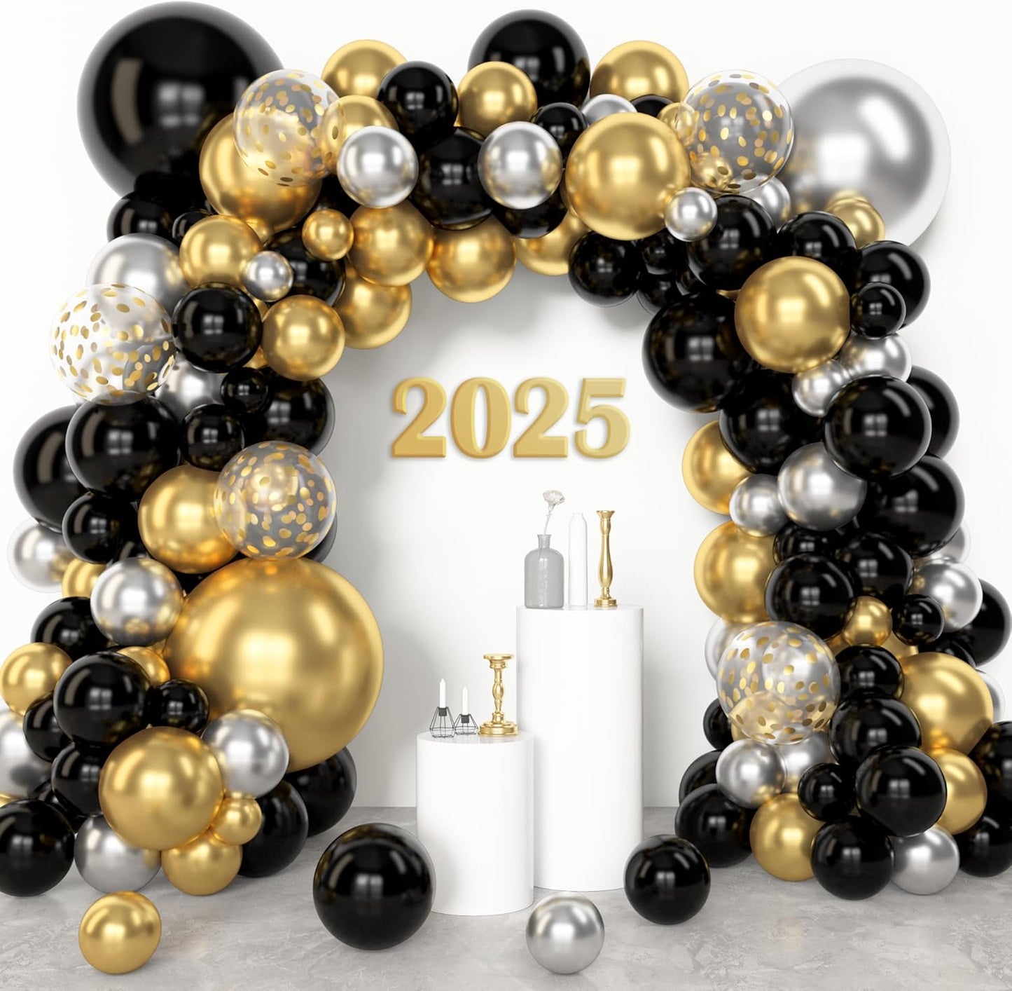 Amandir 153pcs Black and Gold Balloons Arch Garland Kit Different Sizes 18 12 10 5inch Latex Metallic Gold Confetti Balloons for Birthday New Year Decorations Party Supplies
