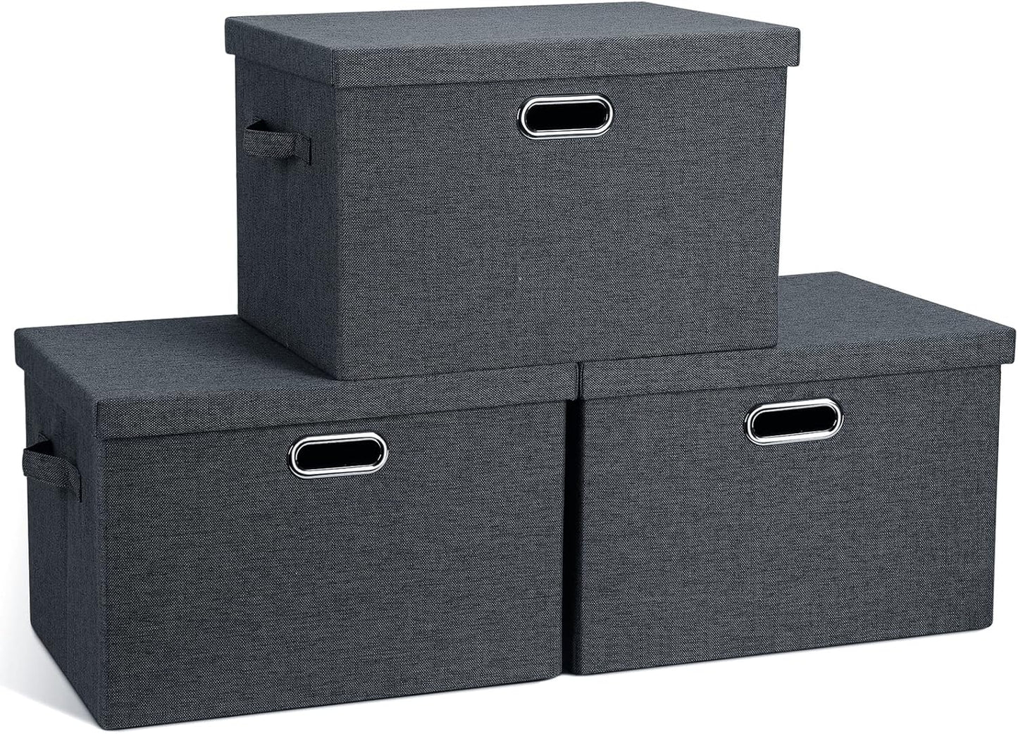Large 17" 36 Quart Collapsible Stackable Storage Bins with Lids, 3 Packs Dark Gray Foldable Fabric Closet Storage Boxes with Lids, Heavy-duty Linen Cube Baskets(17x12x11)
