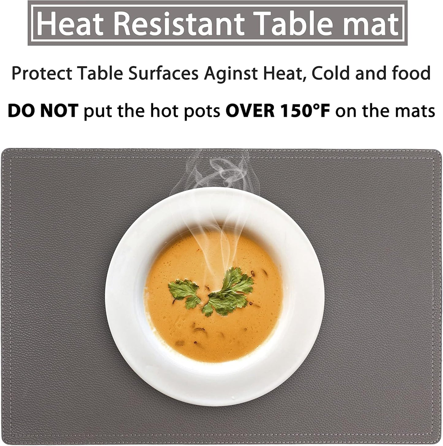 Set of 4 Faux Leather Placemats, PU Table Mats, Waterproof, Stain Resistant, Heat Resistant, Non-Slip Easy to Clean for Kitchen Dining Table,Conference Table C Grey Rectangle