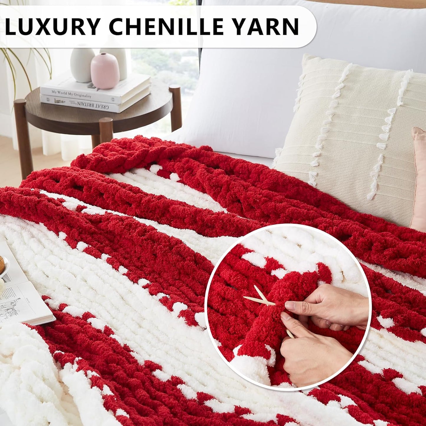 L'AGRATY Chunky Knit Blanket Throw: 72''x84'' Chenille Chunky Knitted Throw Blanket for Bed Couch - Handmade Thick Big Cable Knit Blanket - Large Chunky Crochet Blanket for Home Decor(Red White)