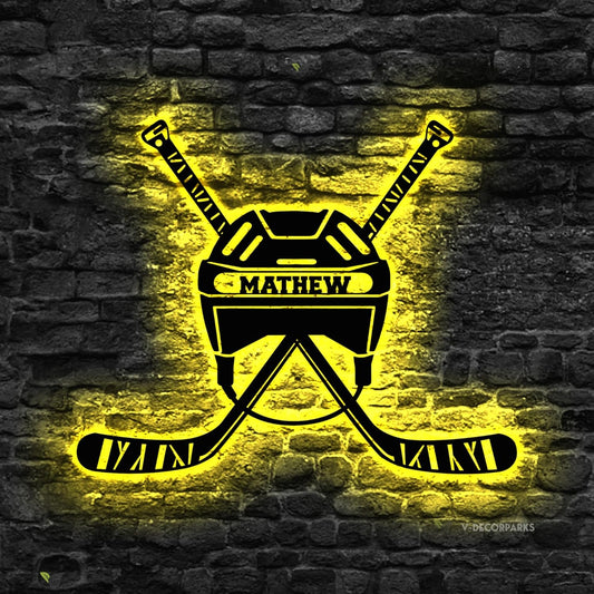 Custom Hockey LED Sign - Goalie Helmet Personalized Name Sign with Crossed Sticks, Light Up Goalie Mask Hockey Room Decor for Boys, Players, Fans