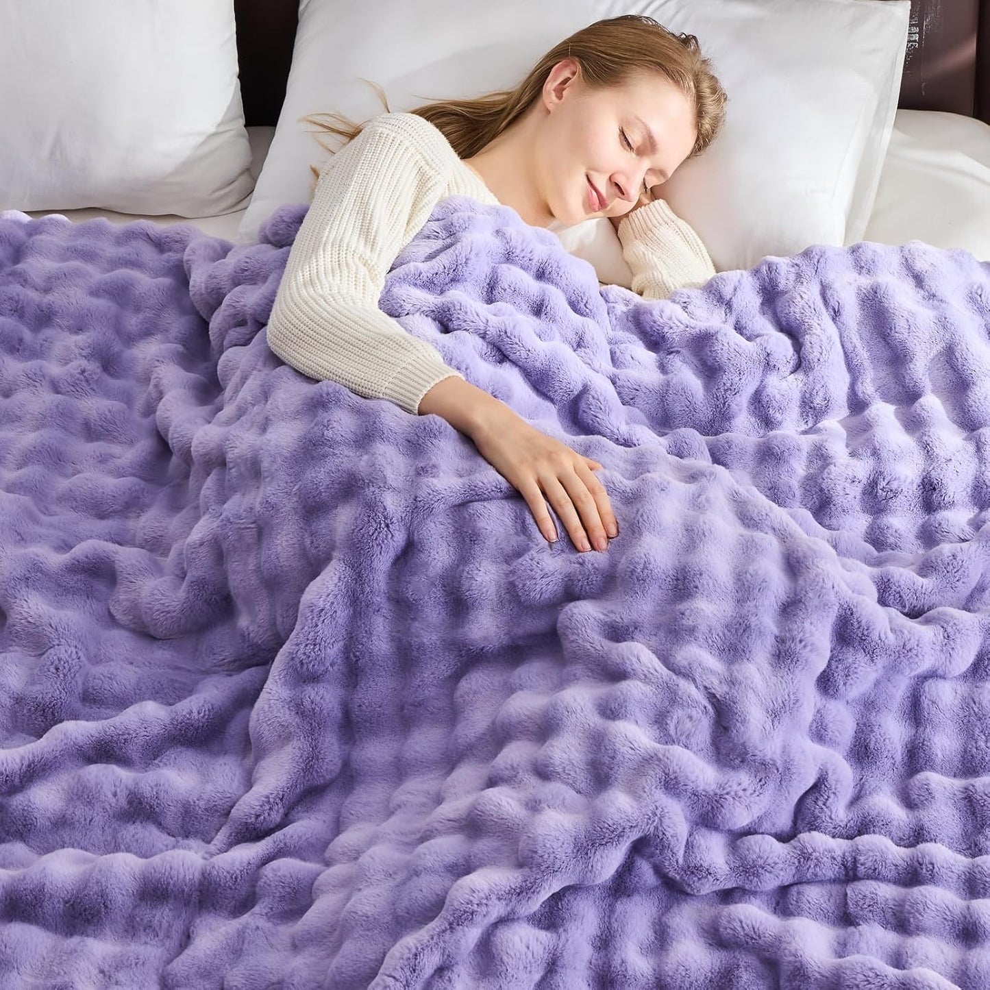NEWCOSPLAY Faux Fur Twin Blanket Lavender Bubble Blanket Thick Warm Soft for Couch Sofa Bed 550GSM (Lavender, Twin(60"x80"))