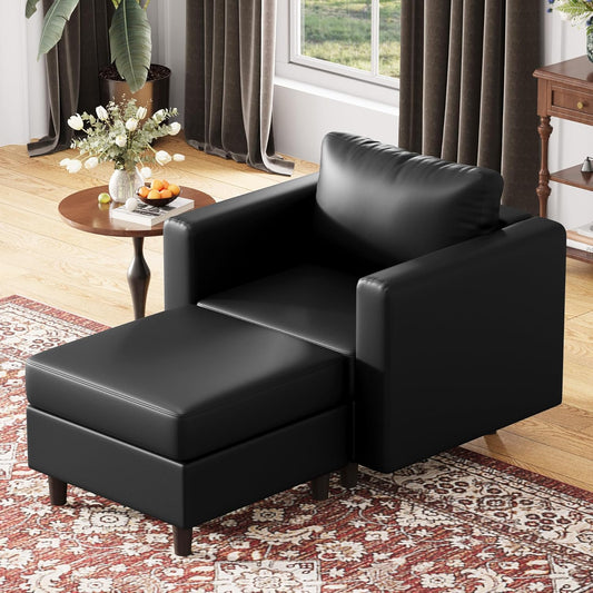 Faux Leather Single Sofa with Storage Ottoman, Modern Accent Chair Deep Seat Large Reading Armchair, Chaise Lounge Chair for Living Room Bedroom Office Black