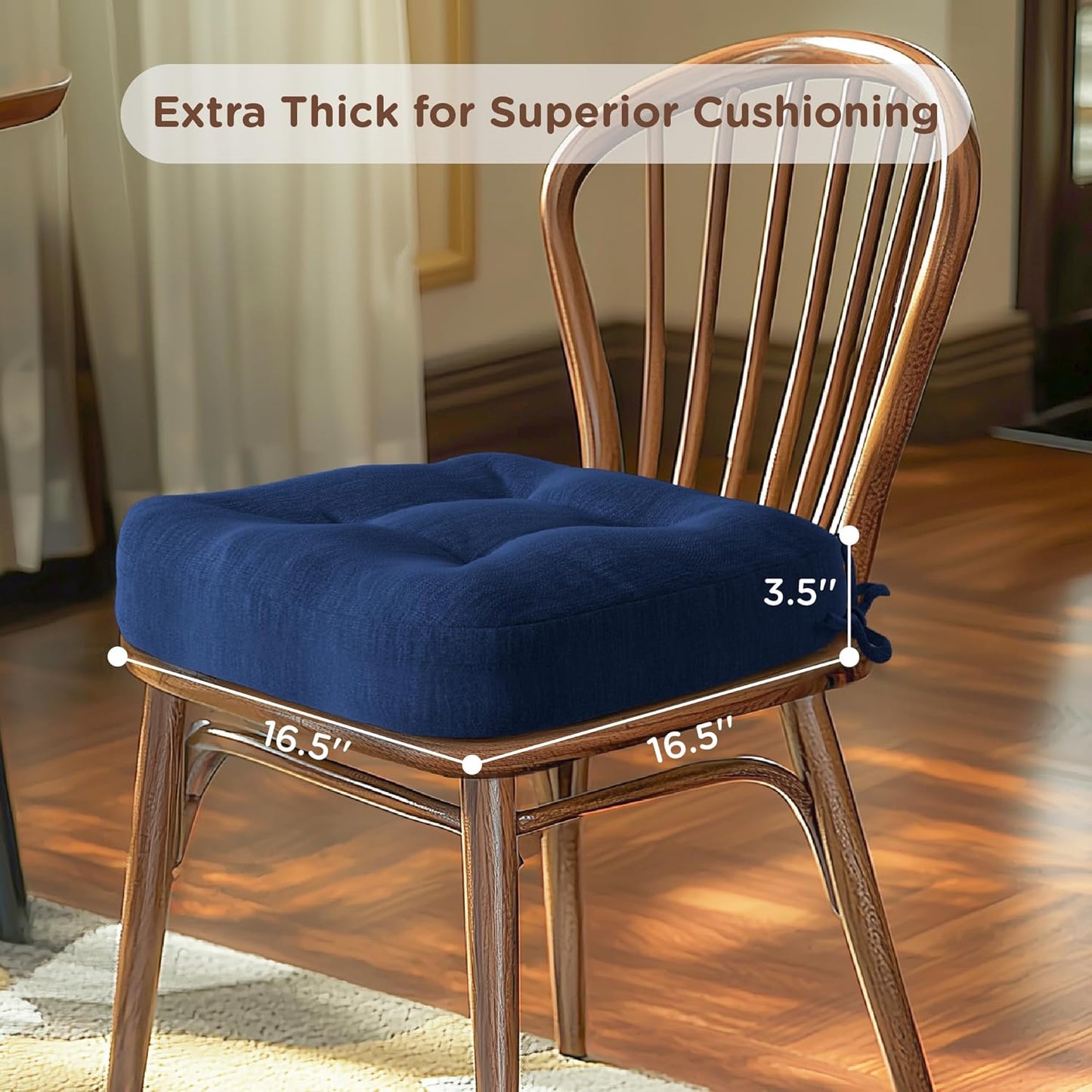 Codi Thick Kitchen Chair Cushions, Chair Pads for Indoor Dining Room 4 Pack - Washable, Non-Slip 3-Layer Seat Cushion with Ties, 16.5"x16.5"x 3.5", Set of 4, Navy