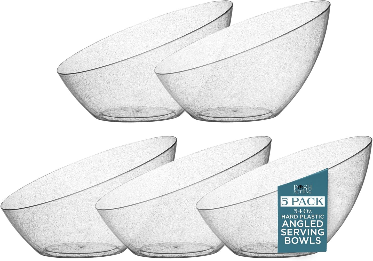 Posh Setting - Silver Plastic Serving Bowls Angled & Candy - Salad & Fruit Serving Bowls Wedding - 8 OZ, Glitter, 5 Pack
